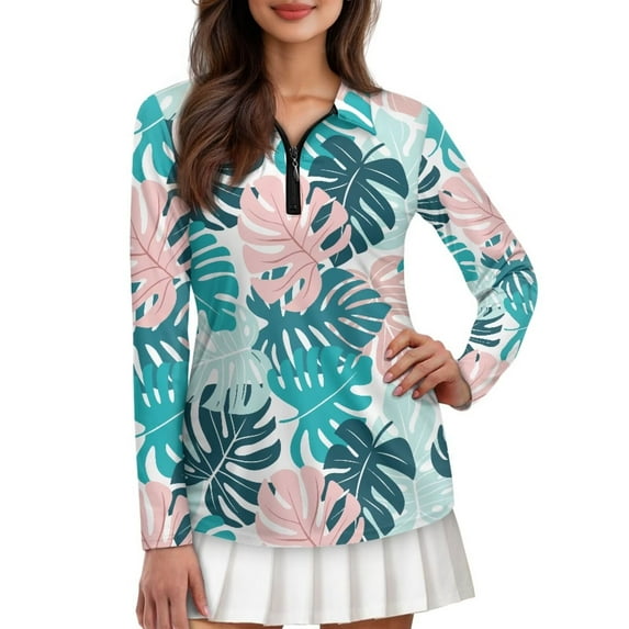 Yuyamidu Palm Leaves Women's Long Sleeve Golf Shirts Tropical Tennis Shirts Lightweight Golf Clothes Athletic Outfits Size 2XL