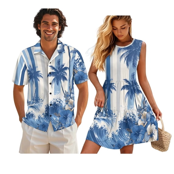 Yuyamidu Palm Tree Shirt Men and Women Matching Outfits Womens Hawaiian Dresses Pleated Tiered Sleeveless Dress Mens Button Down Shirts Matching Tropical Outfits for Couples , M