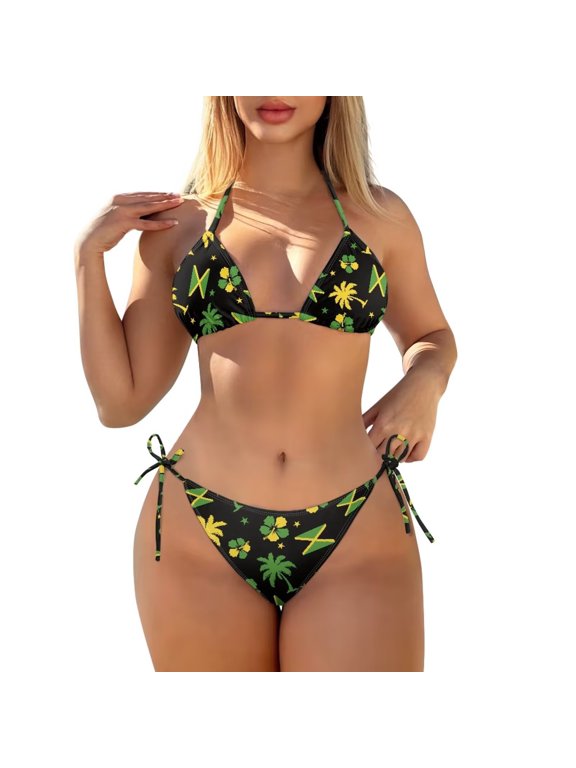 Palm Tree Women Triangle Bikini Sets Jamaica Flag Halter Two Piece Swimsuit String Bathing Suit Breathable String Bikini Sets for Women Size M