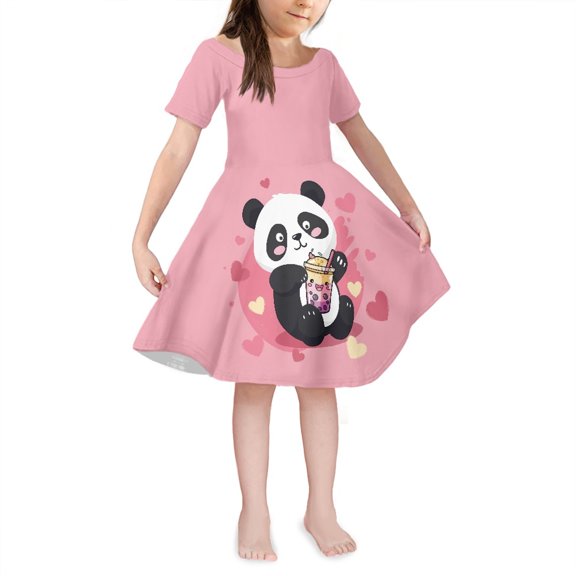 Yuyamidu Panda One-Shoulder Dress for Girls 3-4 Cute Short Sleeve Midi Dresses for Going Out Playing Beach Causal Kids A Line Swing Twirl Dress, Pink Summer Dresses