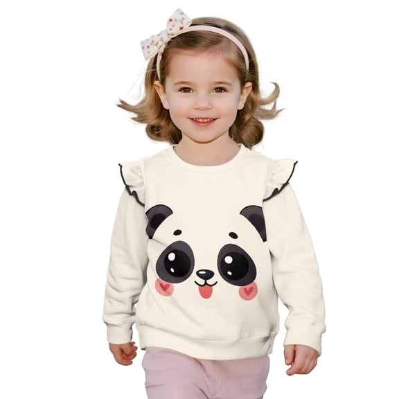 Yuyamidu Panda Sweatshirt Todder Girls White Ruffle Shoulder Crewneck Sweatshirts Long Sleeve Pullover Tops Casual Cute Fall Clothes Lightweight Soft Outdoor School Outfits 1T 2T