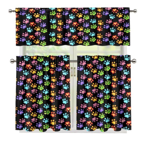 Yuyamidu Paw Print Kitchen Curtain Valance and Tiers 3 Panel Set Easy to Install Bathroom Window Curtain for Living Room Rod Pocket Window Treatment Tiers Home Decor