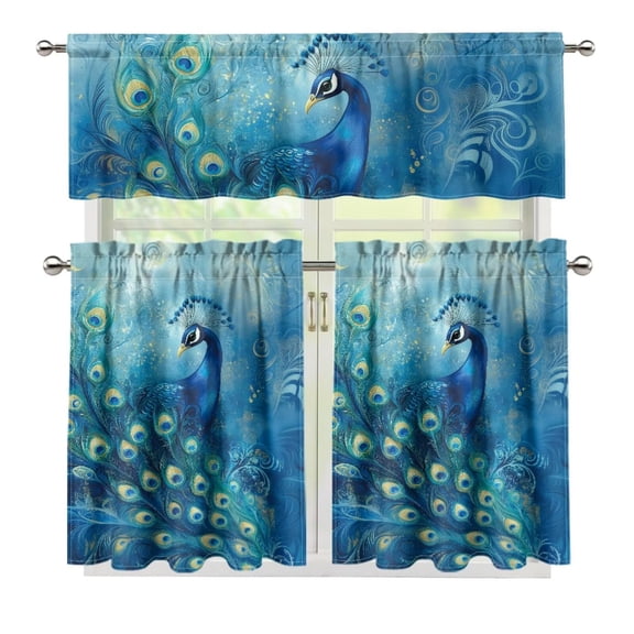 Yuyamidu Peacock Kitchen Curtain Valance and Tiers 3 Panel Sets Soft Short Tier Curtains with Rod Pocket Easy to Install Drapes Treatment Tier Curtains Home Decor