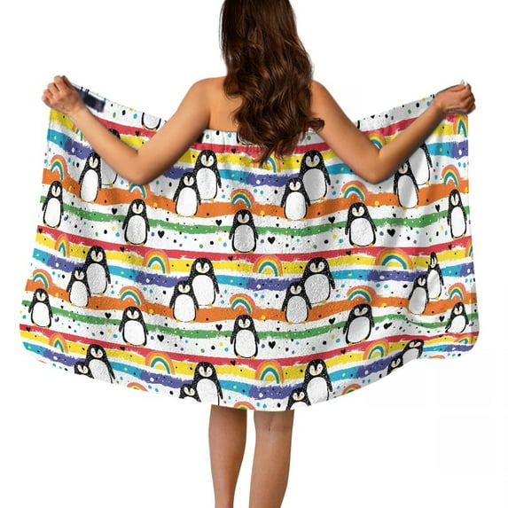 Yuyamidu Penguin Bath Wrap Towels for Women Rainbow Knee Length Towel Wrap with Pocket Soft Bath Towels for Bathroom Lightweight Shower Wrap Towel Size L