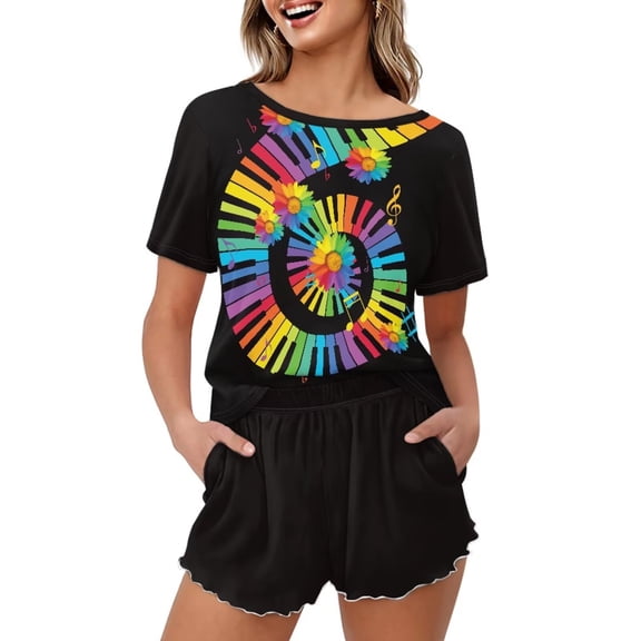 Yuyamidu Piano Music Pattern Women's Breathable Pajama Set Short Sleeve Crew Neck Sleepwear Top & Lightweight Lounge Shorts