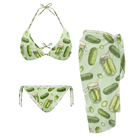 Yuyamidu Pickle Womens 3pcs Bikini Swimsuits Triangle Swimsuit Beach Outfits with Long Sheer Cover Up Triangle Bikini Top Tie Side Bottom