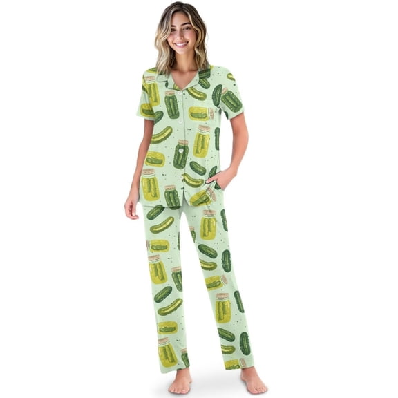 Yuyamidu Pickled Cucumber 2 Piece Women's Pajama Sets Short Sleeve Shirt and Long Pants Sleepwear Soft & Comfy Loungewear, Green