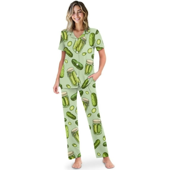 Yuyamidu Pickled Cucumber Women's 2-Piece Pajama Set Short Sleeve Nightshirt & Sleep Pants Soft Comfy PJs Loungewear, Green