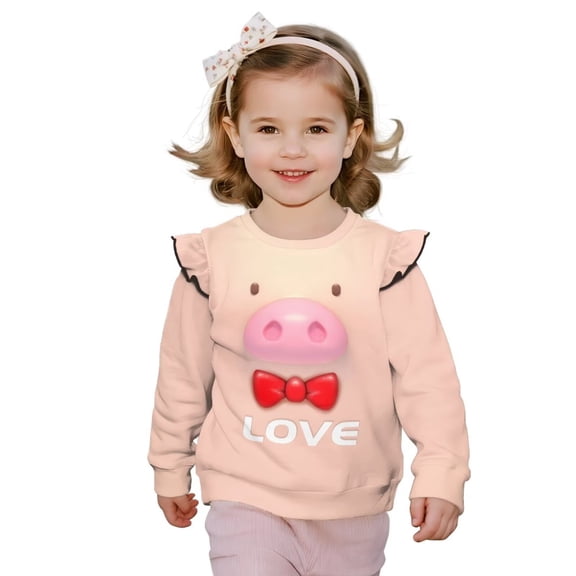 Yuyamidu Pig Sweatshirt for Girls 2-3T Toddler Light Pink Crewneck Ruffle Shoulder Sweatshirts Lightweight Fall Long Sleeve Pullover Tops Cute Graphic Clothes for Birthday School