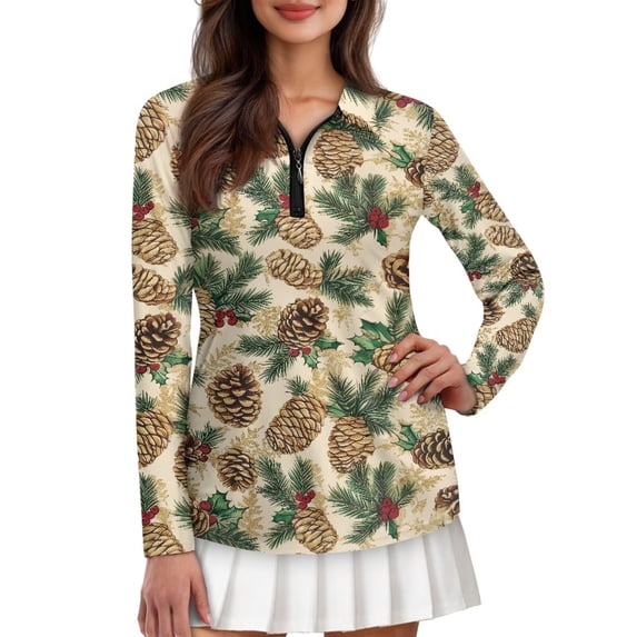 Yuyamidu Pine Cones Long Sleeve Golf Shirts for Woman Athletic Tennis Shirts Christmas Workout T-Shirts Golf Clothes Activewear Pullover Size XL
