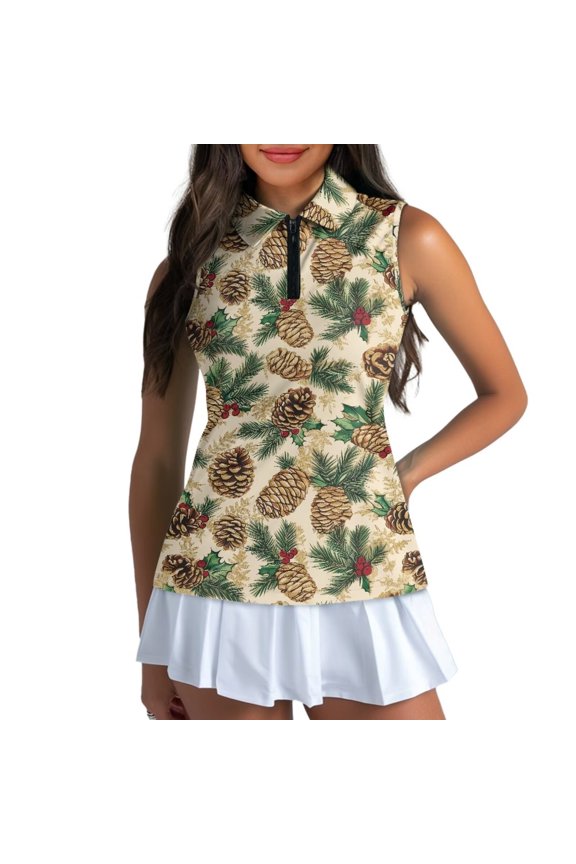 Pine Cones Sleeveless Golf Shirt for Women Christmas Tennis Tank Tops Running Shirt with Collar Sports Athletic T-Shirt Shirts Size M