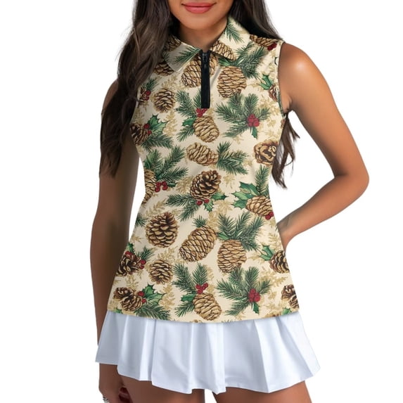 Yuyamidu Pine Cones Sleeveless Golf Shirt for Women Christmas Tennis Tank Tops Running Shirt with Collar Sports Athletic T-Shirt Shirts Size XL