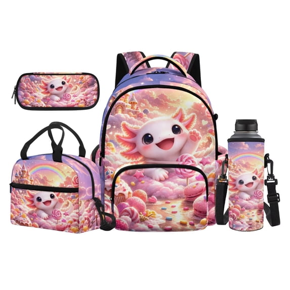 Yuyamidu Pink Axolotl School Backpack for 3-6 Grade Girls 4Pcs Elementary School Rucksack Set with Lunch Bag, Pencil Case and Water Bottle Bag for Daily Use