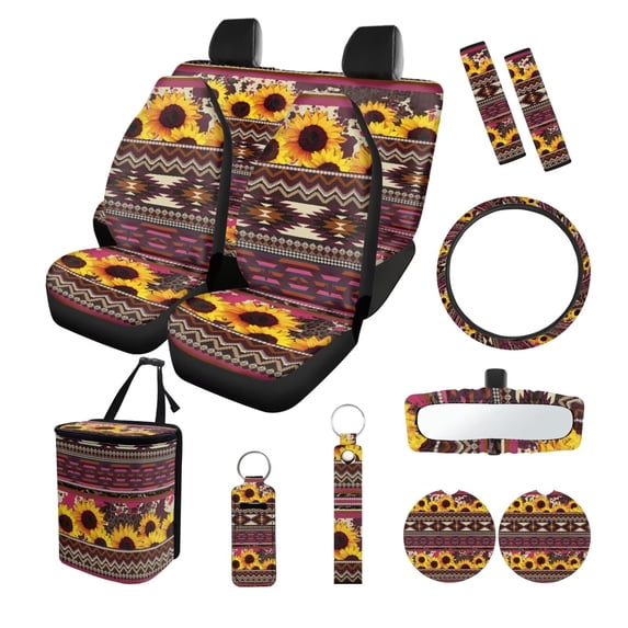 Yuyamidu Pink Aztec Car Seat Covers Full Set Steering Wheel Accessories Seat Belt Cover Sunflowers Auto Rear View Mirror Cover Trash Bin Car Coasters Keychain Chapstick Holder