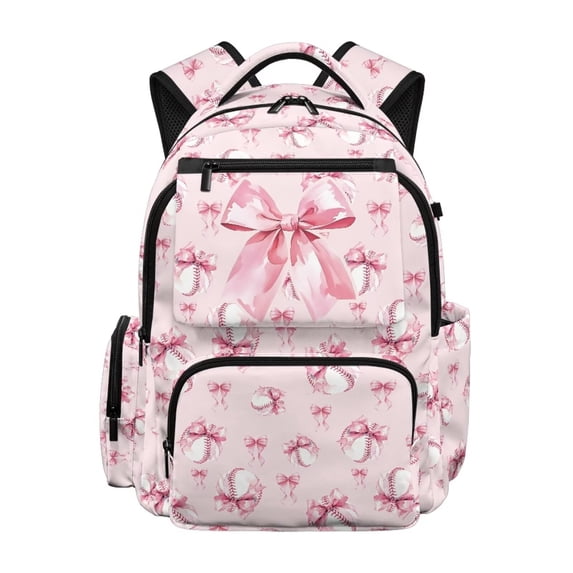 Yuyamidu Pink Bow Kids School Backpack 17 Inch Large Capacity Baseball Backpack for Boys Girls Ages 6-14, for Elementary School, Travel, Hiking, Back to School Gifts