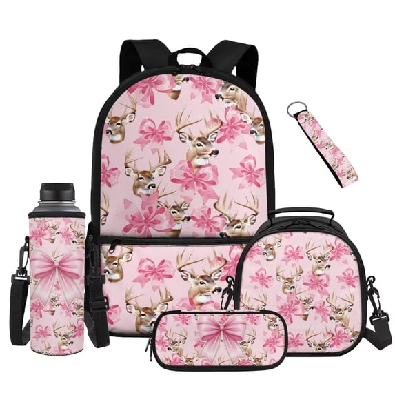 Yuyamidu Pink Bow School Backpack for Girls 8-10, 3rd-4th Grade, 17 Inch Deer Bookbag Set with Lunch Box, Water Bottle Sleeve, Pencil Case & Keychain, 5 Piece Back to School
