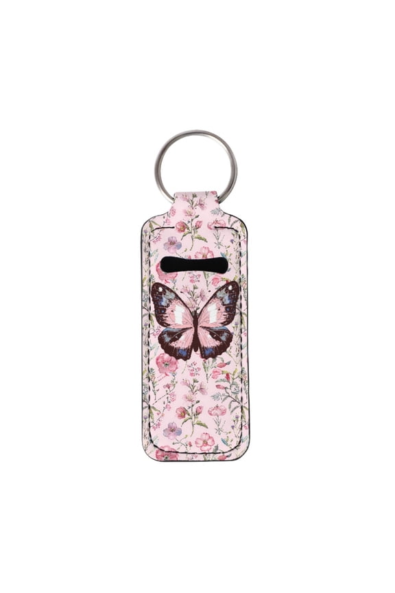 Pink Butterfly Chapstick Holder for Women Girls Flower Lipstick Pouch Keychain Multifunctional Neoprene Chapstick Keychain Holder Travel Makeup Accessories