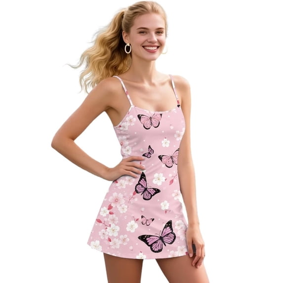 Yuyamidu Pink Butterfly Womens Athletic Dress Cherry Blossom Summer Tennis Workout Sports Dress Built in Shorts with Pocket 2 Piece Wear Spaghetti Straps Dresses Size 2XL