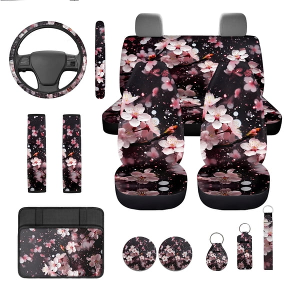 Yuyamidu Pink Chery Blossom Car Seat Covers Set 13pcs Steering Wheel Cover Seat Belt Pads Armrest Cover Key Ring Coasters for Women Auto Interior Accessories