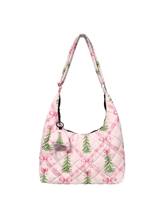 Pink Christmas Quilted Hobo Bag for Women Tote Bag Pink Bow Xmas Tree Shoulder Purse with Matching Pendant, Roomy Interior and Back Zip Pocket for Work,Travel