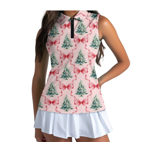 Yuyamidu Pink Christmas Sleeveless Tennis Golf Shirts for Women Bow Xmas Tree Athletic Shirts, Stretchy Breathable Fabric, Quarter Zip Collar, for Holiday Golf Outings, Casual Sports Wear