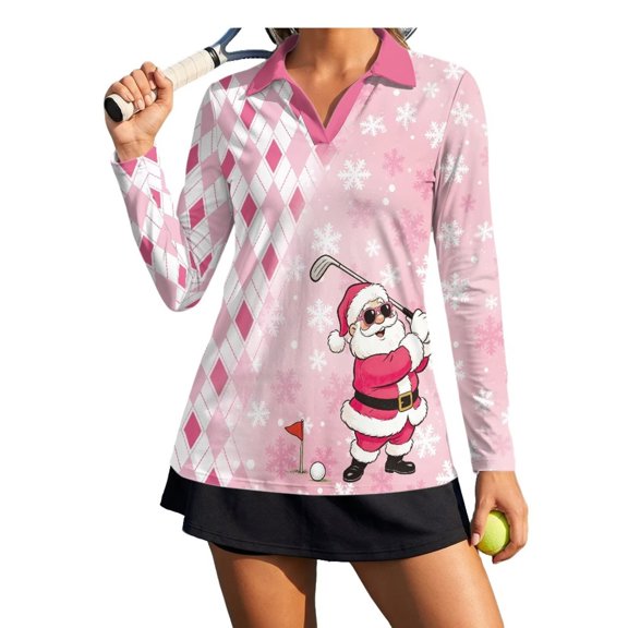 Yuyamidu Pink Christmas V Neck Golf Shirts for Women Moisture Wicking Santa Claus Long Sleeve Athletic Tennis Shirts Slim Fit, Soft Breathable Fabric, Casual Christmas Daily Wear