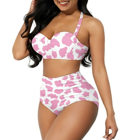 Yuyamidu Pink Cow Print Bathing Suit for Women Tummy Control High Neck Halter Swimsuit Tummy Control Tankinis Swimming Suits 2 Pcs Skin-Friendly High Waist Swimwear Size M