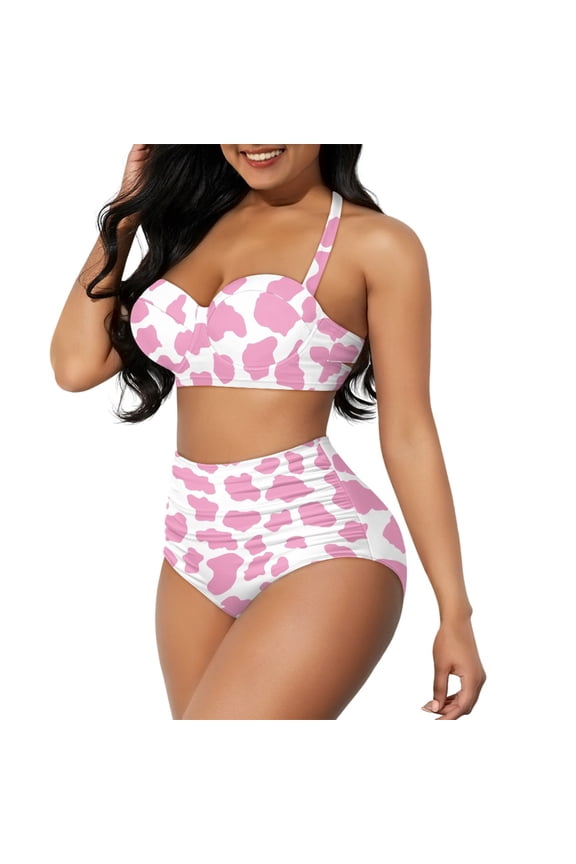 Pink Cow Print Bathing Suit for Women Tummy Control High Neck Halter Swimsuit Tummy Control Tankinis Swimming Suits 2 Pcs Skin-Friendly High Waist Swimwear Size L