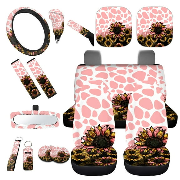 Yuyamidu Pink Cow Print Car Seat Covers Full Set of 16 Sunflower Automotive Steering Wheel Covers Sun Shade Seatbelt Pads Cute Car Coasters Handbrake Cover Set Rear View Mirror Cover Keychain