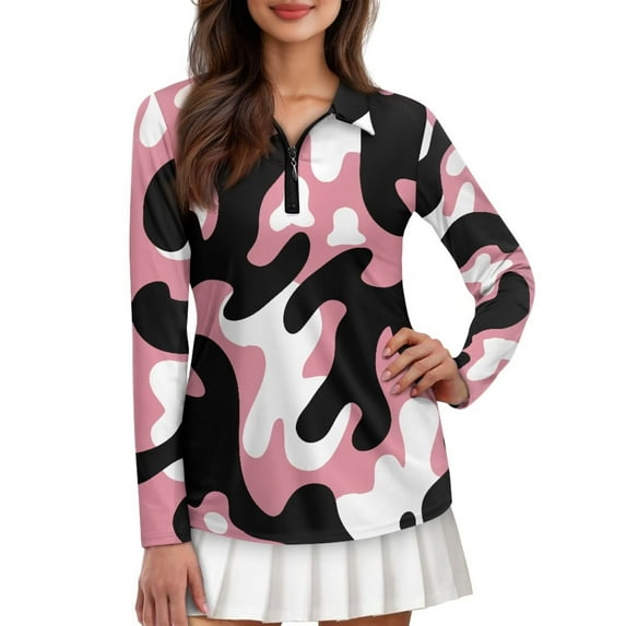Yuyamidu Pink Cow Print Golf Shirt for Women Long Sleeve Golf Tops Cute 1/4 Zipper Soft Activewear Athletic Tennis Shirts Size 2XL