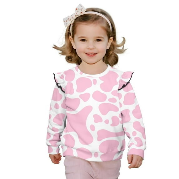 Yuyamidu Pink Cow Print Sweatshirt for Girls Size 5-6 Cute Ruffle Shoulder Long Sleeve Top Y2K Graphic Crewneck Sweatshirts Soft Lightweight Workout Pullover Everyday Clothes