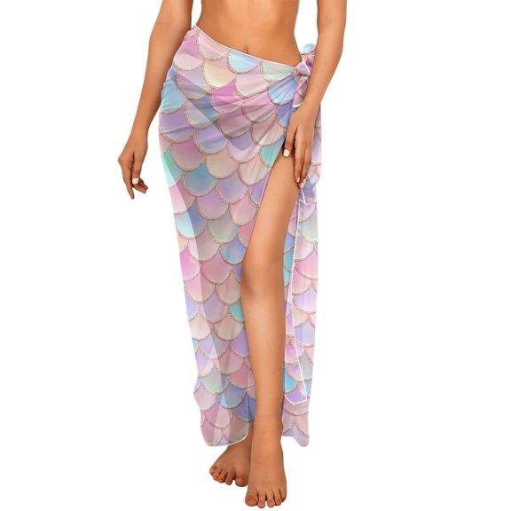 Yuyamidu Pink Fish Scale Sarong Cover Up Chiffon Swimsuit Swimwear Coverup Swimwear Bikini Wrap Print Sun Protection Bathing Suit Cover Up