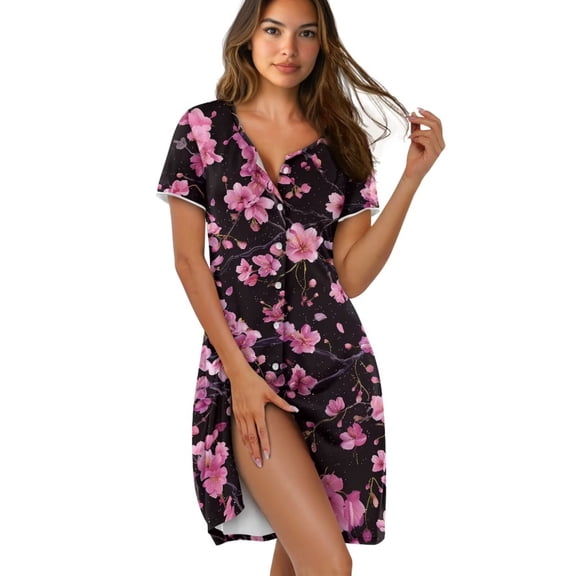 Yuyamidu Pink Flowers Women's Nightgown Short Sleeve Knee-Length Sleep Dress Crew Neck Button-Down Comfortable Sleepwear Soft Comfy Lounge Dress for Summer