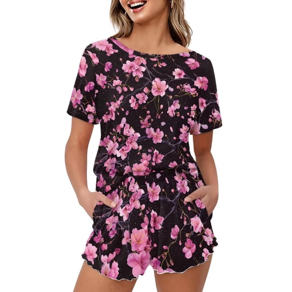 Yuyamidu Pink Flowers Womens Pajama Sets Shorts Summer Pjs Soft Short Sleeve Crew Neck Matching Summer Sleepwear Tops & Shorts Pants with Pockets