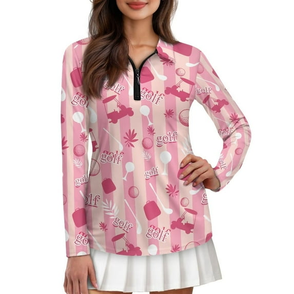 Yuyamidu Pink Golf Theme Long Sleeve Golf Shirts for Woman Stylish Athletic Tennis Shirts Trendy Quarter Zip Workout Shirts Size L