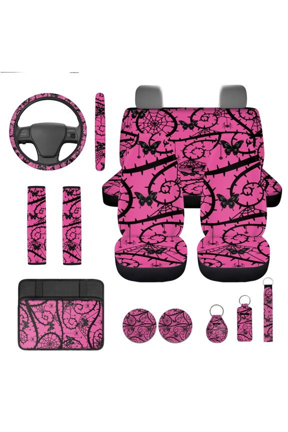 Pink Gothic Auto Seat Cover Full Set 13 PCS Car Accessories Set Butterfly Steering Wheel Cover Armrest Cover Seatbelt Shoulder Pad Cup Mat Lip Gloss Holder Key Ring