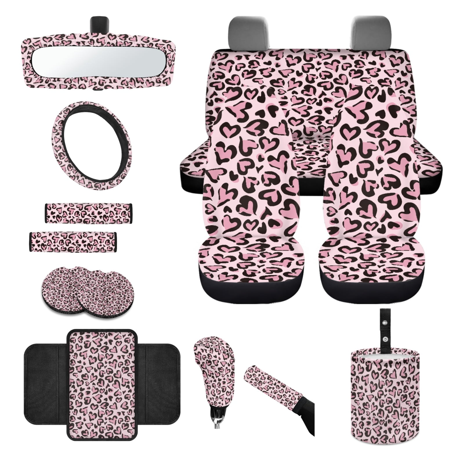 Yuyamidu Pink Heart Car Seat Cover Full Set with Steering Wheel Cover Seat Belt Pads Armrest Cover Handbrake Cover Set Trash Bag Auto Rear View Mirror Cover Cup Holders Fit for Most Vehicles