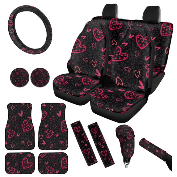 Yuyamidu Pink Heart Front Back Seat Cover Set of 15 Car Carpet Mats Steering Wheel Cover Seat Belt Pad Handbrake Cover Set Coasters for Women