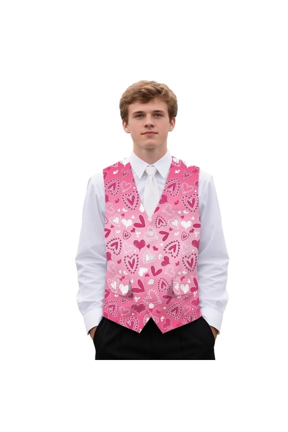 Pink Heart Men's Suit Vest Valentine's Day Dress Vest for Men Size L Slim Fit Formal Business Waistcoat Tuxedo V-Neck Vests for Wedding