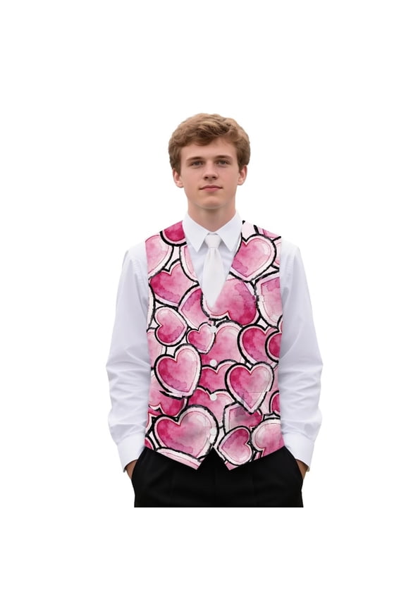 Pink Hearts Mens Suit Vest Business Casual Dress Waistcoat Vest Size 4XL Valentine's Day Formal Wedding Vests for Suits or Tuxedo