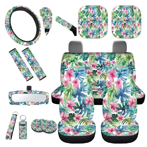 Yuyamidu Pink Hibiscus Car Seat Covers Set of 16 Palm Leaves Steering Wheel Cover Seat Belt Covers Handbrake Cover Set Car Window Shade Rear View Mirror Cover Coasters Key Chain Auto Accessories