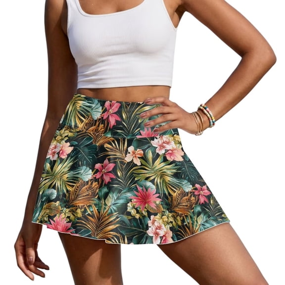Yuyamidu Pink Hibiscus Golf Skorts for Women Palm Leaves High Waisted Tennis Skirt Casual Workout Sports Active Skort with Pockets Size 2XL