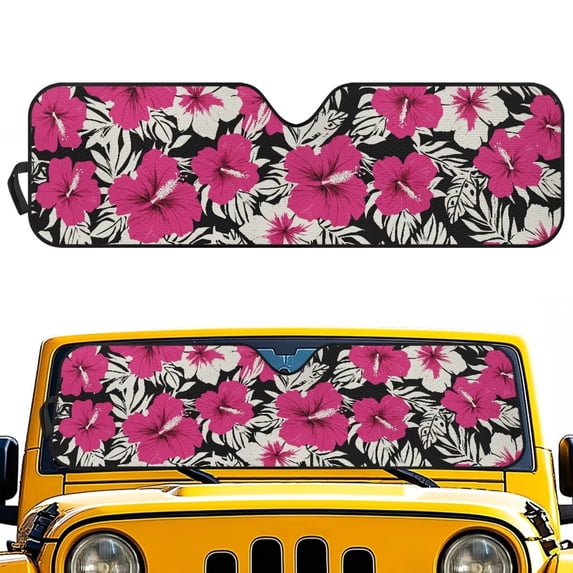 Yuyamidu Pink Hibiscus Windshield Sunshade for Jeep Wrangler, Foldable Sun Visor Windshield Shade Blocks UV Rays, Tropical Shade Heat Shield Compatible with Jeep Wrangler TJ JK JL 2/4 Door
