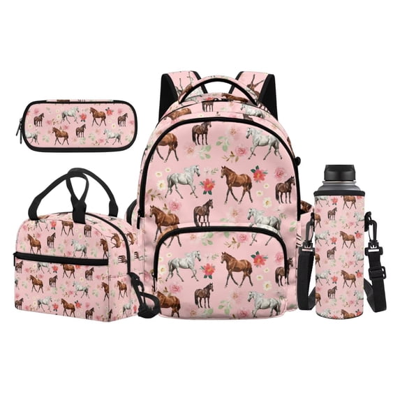 Yuyamidu Pink Horse Floral 17 Inch Kids Backpack Set 4Pcs for Elementary Students Grade 3-5, Includes School Bookbag, Lunch Tote, Pencil Case, Water Bottle Bag for Girls Boys Day Use