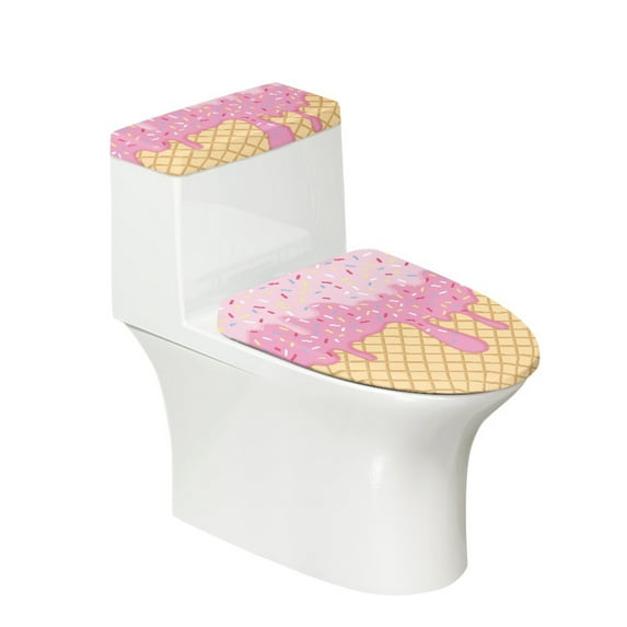 Yuyamidu Pink Ice Cream Toilet Lid Cover Round 2 Pieces Soft Toilet Lid & Tank Lid Dust Cover with Elastic Bottom Soft Toilet Seat Covers for Bathroom Hotel