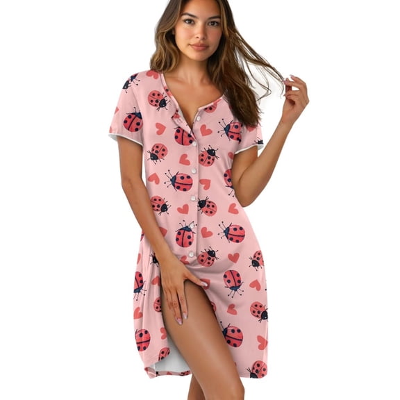 Yuyamidu Pink Ladybug Night Shirts for Women Sleepwear Button Down Night Gowns Soft Crew Neck Sleepwear Pajama Dress