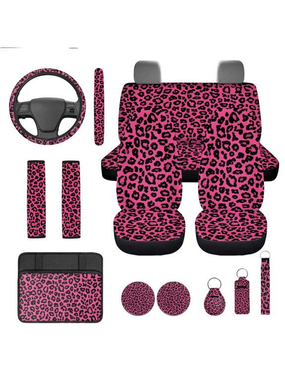 Pink Leopard Print Car Seat Cover Full Set of 13 Fashion Steering Wheel Cover Seatbelt Pad Cup Holders Keychain Headrest Covers for SUV Van Truck