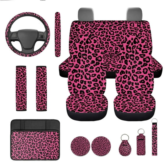 Yuyamidu Pink Leopard Print Car Seat Cover Full Set of 13 Fashion Steering Wheel Cover Seatbelt Pad Cup Holders Keychain Headrest Covers for SUV Van Truck