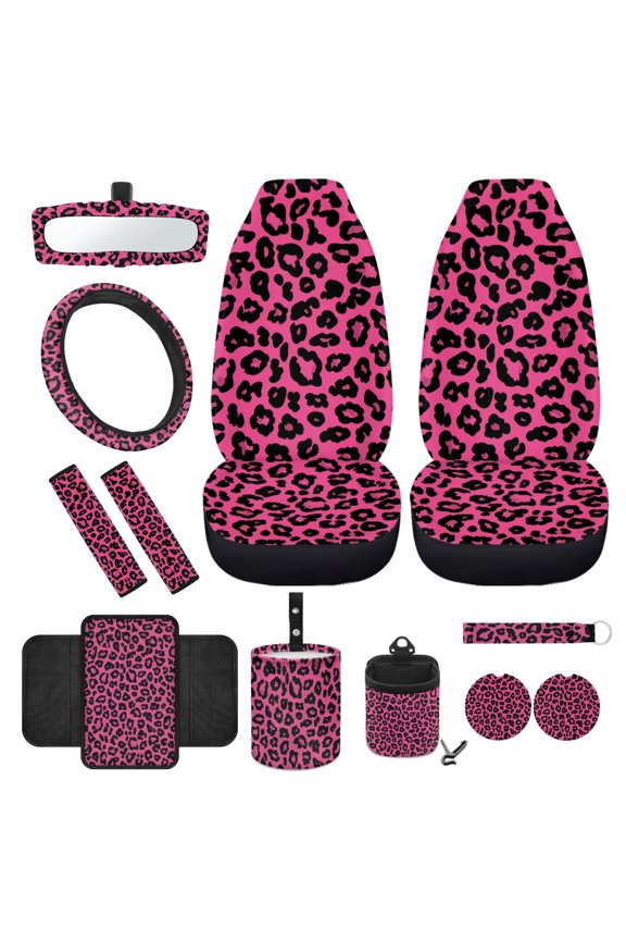 Pink Leopard Print Front Car Seat Covers Set of 12 Fashion Auto Steering Wheel Cover Seat Belt Strap Cover Armrest Pad Trash Bag Car Vent Organizer Rearview Mirror Cover Cup Mat Keychain