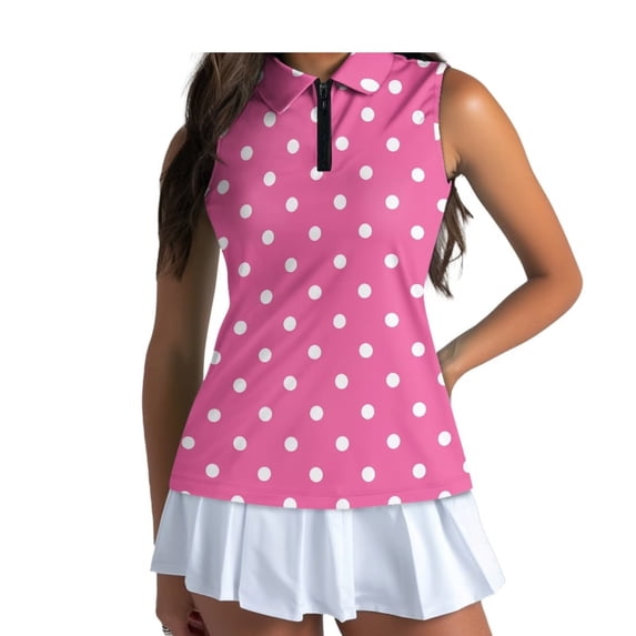 Yuyamidu Pink Polka Dots Golf Shirt for Women Cute Golf Pullover Tennis Tank Tops Lightweight Sleeveless Zip Up Outfits for Sports Size M